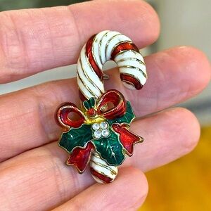 FINAL PRICE Vintage 70's Enamel & Rhinestone Candy Cane Christmas Holiday Brooch